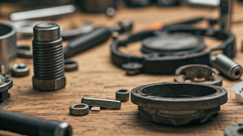 <p>Mesa de taller con repuestos para vehículos de carga.</p>