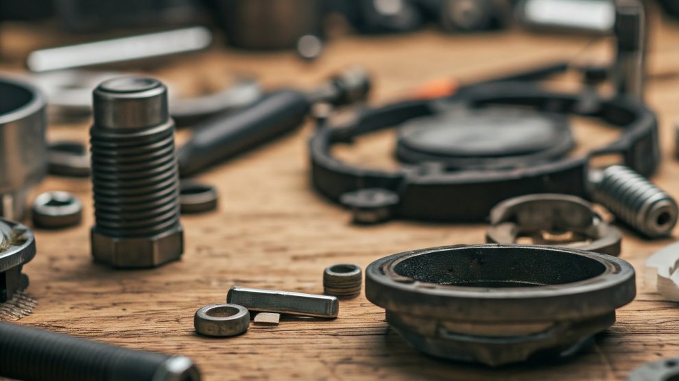 <p>Mesa de taller con repuestos para vehículos de carga.</p>