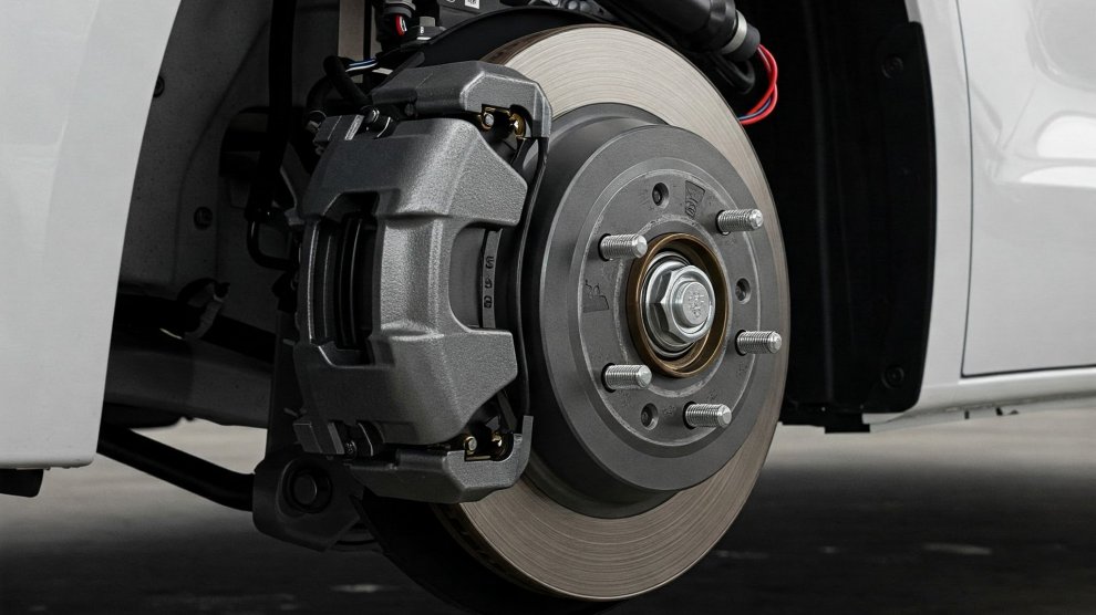 <p>Vista cercana de sistema de frenos ABS de vehículo comercial.</p>