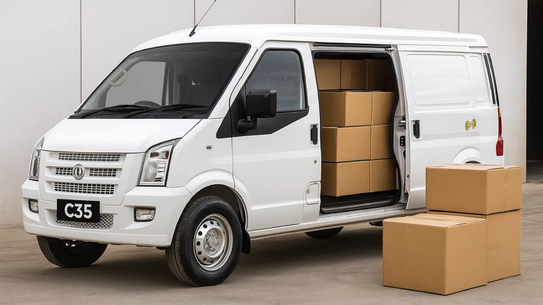 Van de carga DFSK C35 siendo cargada con cajas de mercancía.   