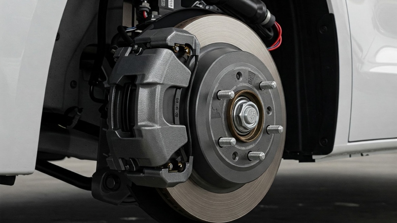 Vista cercana de freno de disco de van DFSK.   